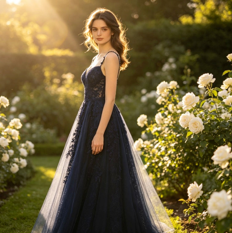 Exklusives Abendkleid in Mitternachtsblau mit glitzernder Spitze und V-Ausschnitt