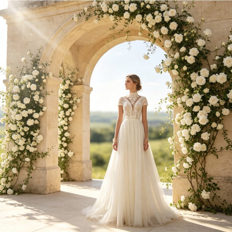 Edles Maxikleid in Elfenbein mit Stehkragen, Boho-Spitze und fließender A-Linie