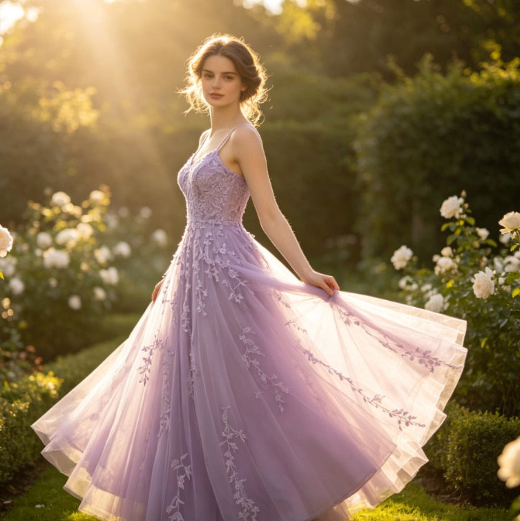 Romantisches Abendkleid in Flieder mit floraler Spitze und glitzernden Pailletten