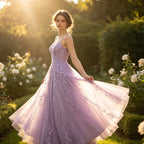 Romantisches Abendkleid in Flieder mit floraler Spitze und glitzernden Pailletten