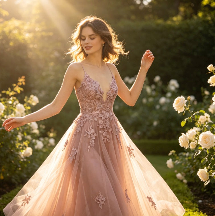 Elegantes Abendkleid in Dusty Rose mit floraler Pailletten-Spitze und V-Ausschnitt