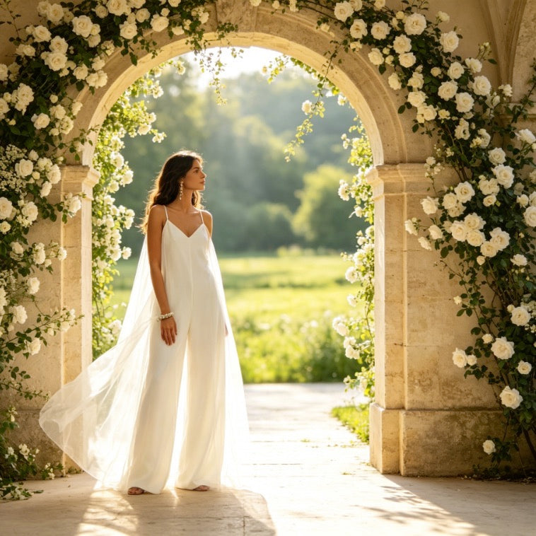Moderner Jumpsuit in Weiß mit V-Ausschnitt, weitem Bein und elegantem Tüll-Overlay