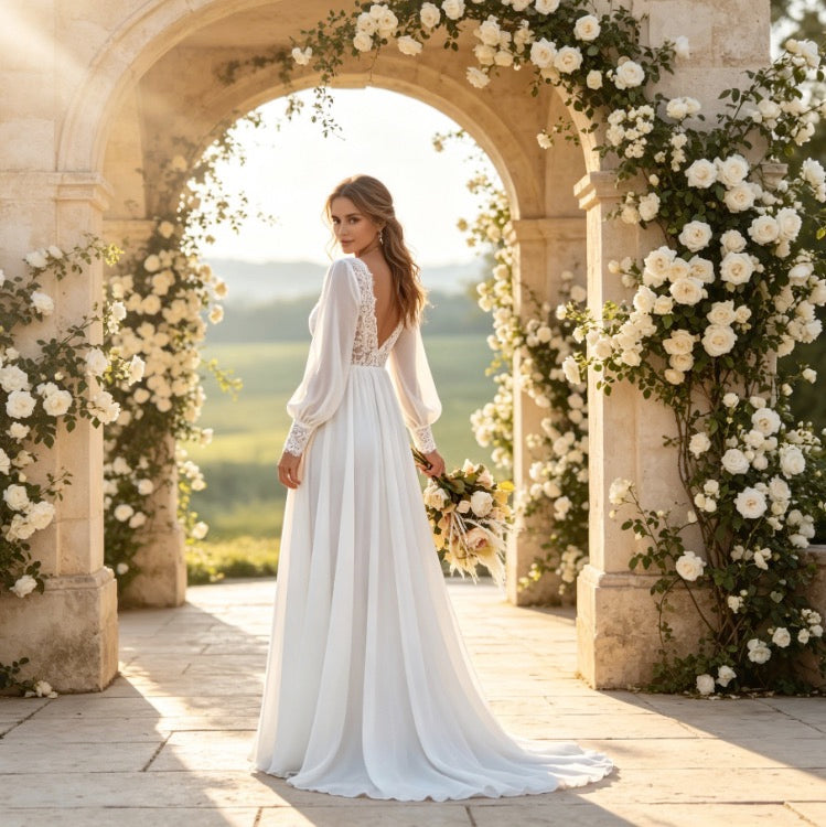 Edles A-Linie Maxikleid in Weiß mit Spitzen-Dekolleté, V-Ausschnitt und Chiffon-Rock