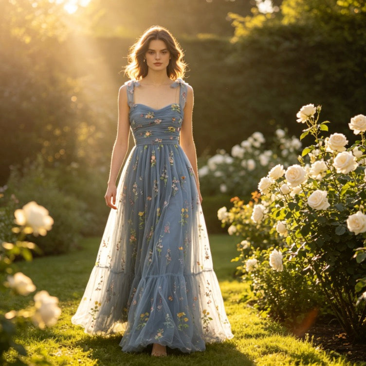 Verträumtes Abendkleid in Staublau mit bunten Blütenstickereien und Tüll-Lagen