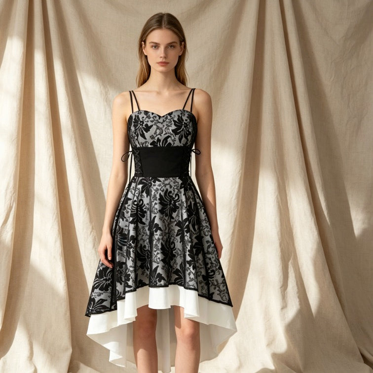 Gothic Cocktailkleid in Schwarz-Weiß mit Herz-Ausschnitt und Vokuhila-Spitzenrock