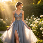 Luxuriöses Abendkleid in Graublau mit funkelnden Kristallen und hohem Beinschlitz