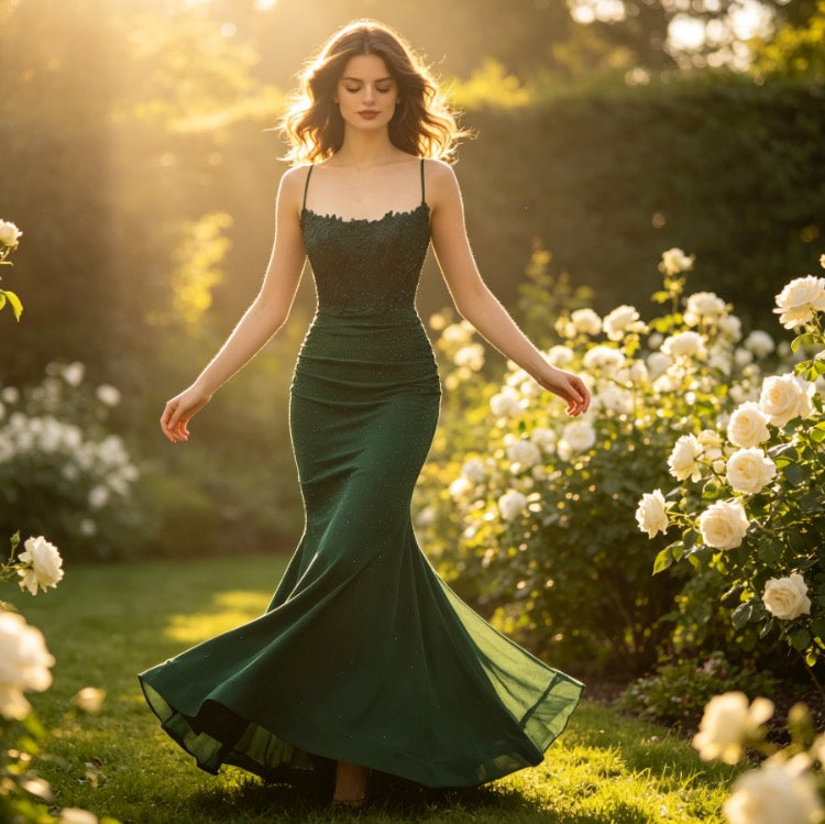 Elegantes Abendkleid in Dunkelgrün mit Pailletten-Spitze und Meerjungfrau-Silhouette