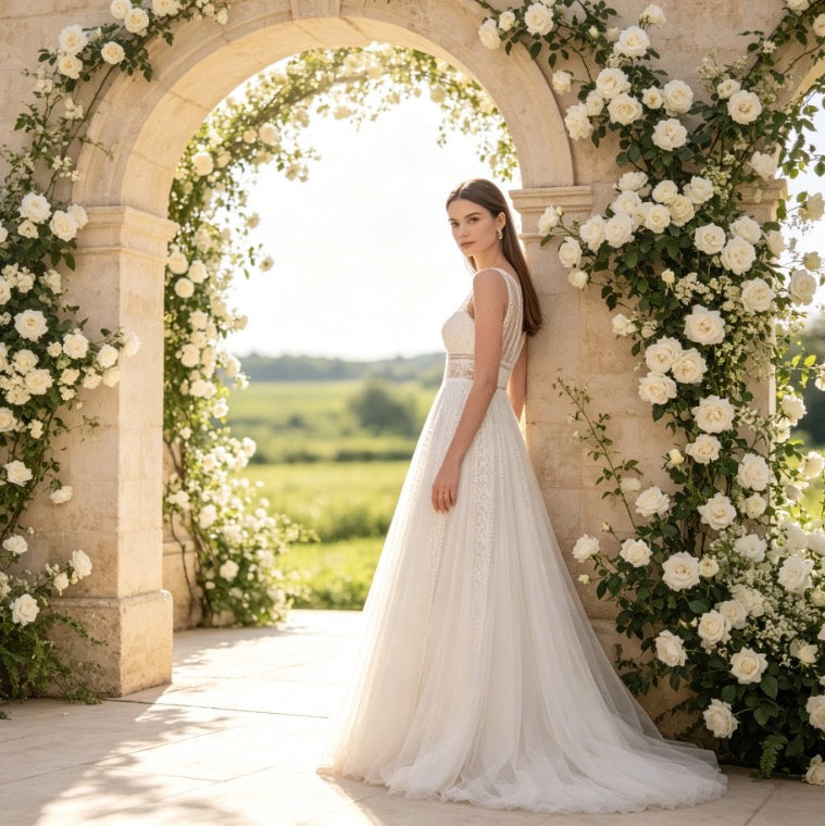 Edles Maxikleid in Elfenbein mit Boho-Spitze, Rundhals und fließender A-Linie