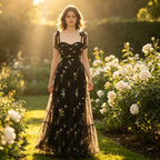 Elegantes schwarzes Abendkleid mit bunten Blumenstickereien und gestuftem Tüllrock