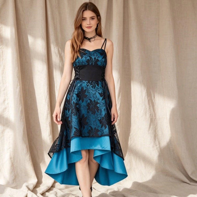 Gothic Cocktailkleid in Blau-Schwarz mit Herz-Ausschnitt und Vokuhila-Stufenrock