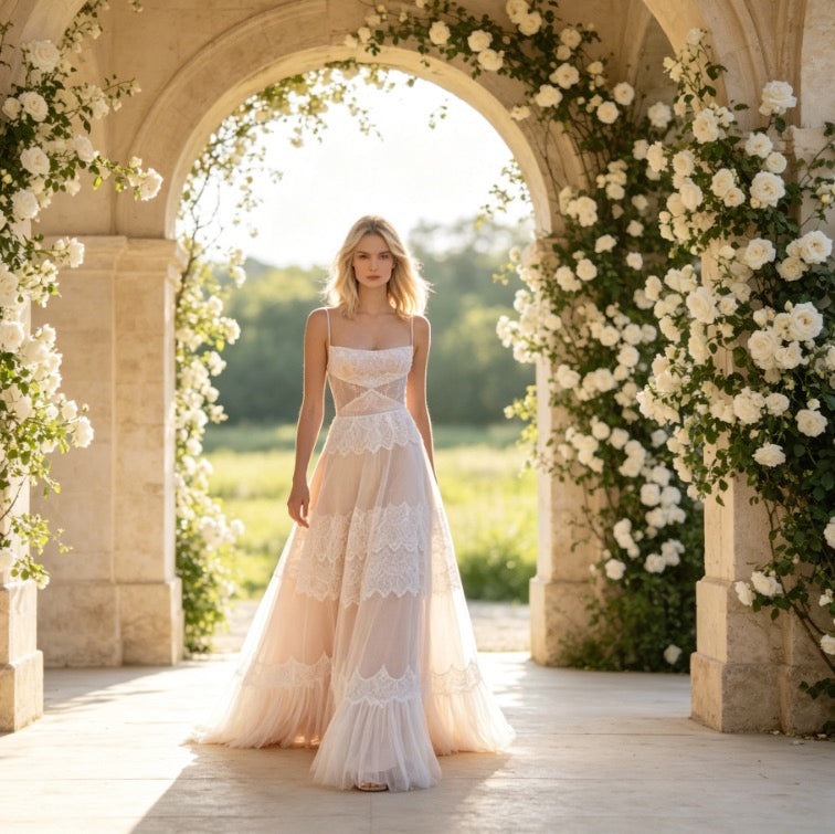 Exquisites Maxikleid in Weiß mit Lagen-Spitze, Spaghettiträgern und weiter A-Linie
