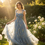 Verträumtes Abendkleid in Staublau mit bunten Blütenstickereien und Tüll-Lagen