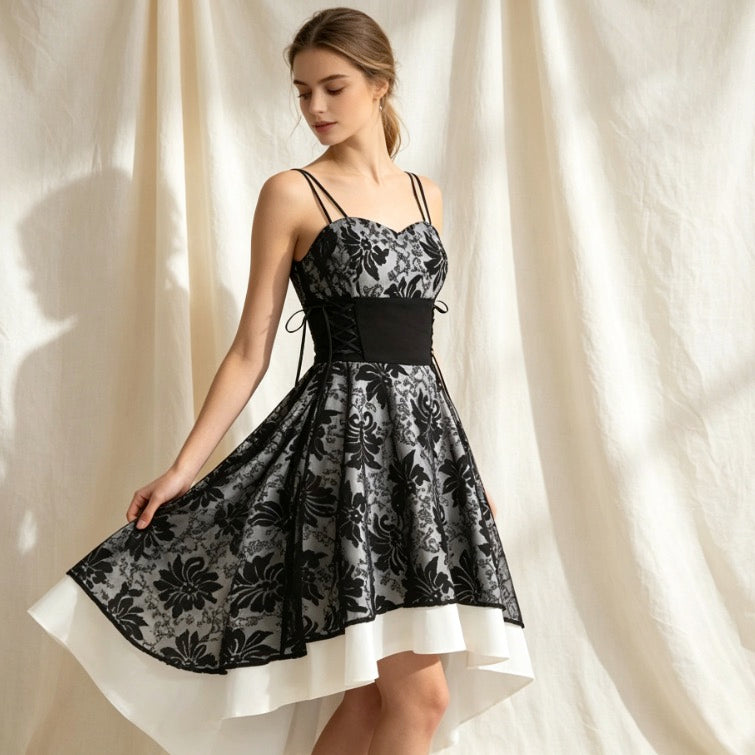 Gothic Cocktailkleid in Schwarz-Weiß mit Herz-Ausschnitt und Vokuhila-Spitzenrock