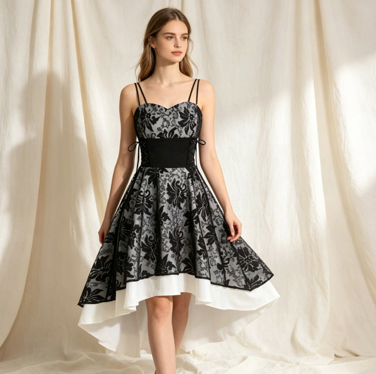 Gothic Cocktailkleid in Schwarz-Weiß mit Herz-Ausschnitt und Vokuhila-Spitzenrock