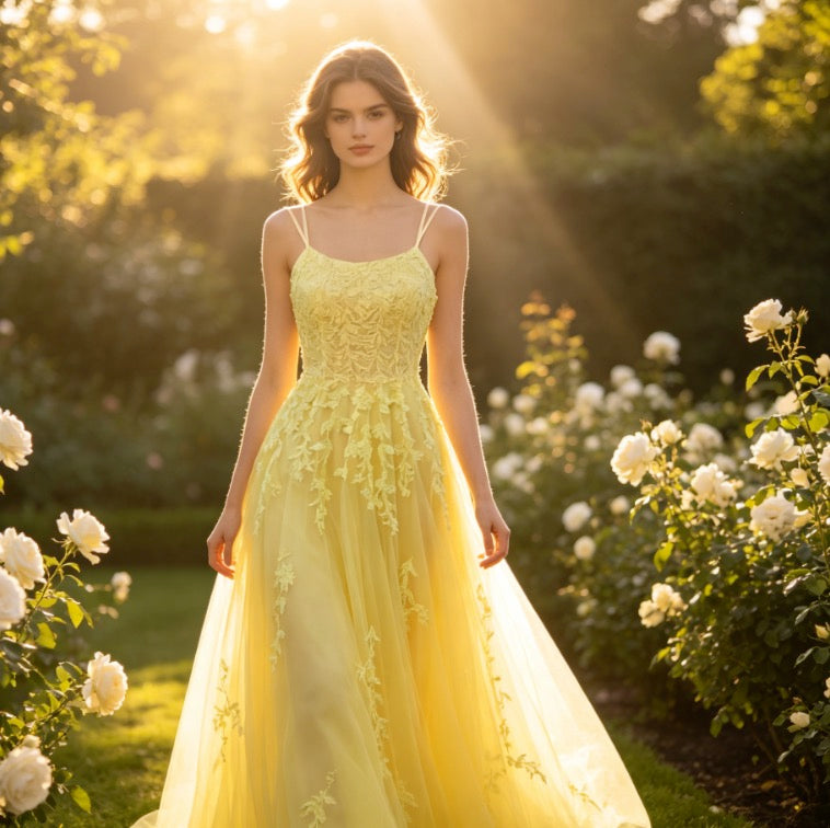 Strahlendes Abendkleid in Gelb mit floraler Spitze und glitzernden Pailletten
