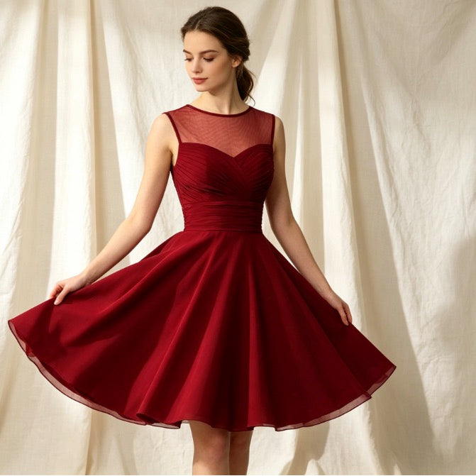 Elegantes Cocktailkleid in Dunkelrot mit Herz-Illusion-Ausschnitt und fließender A-Linie