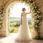 Edles Maxikleid in Elfenbein mit Stehkragen, Boho-Spitze und fließender A-Linie