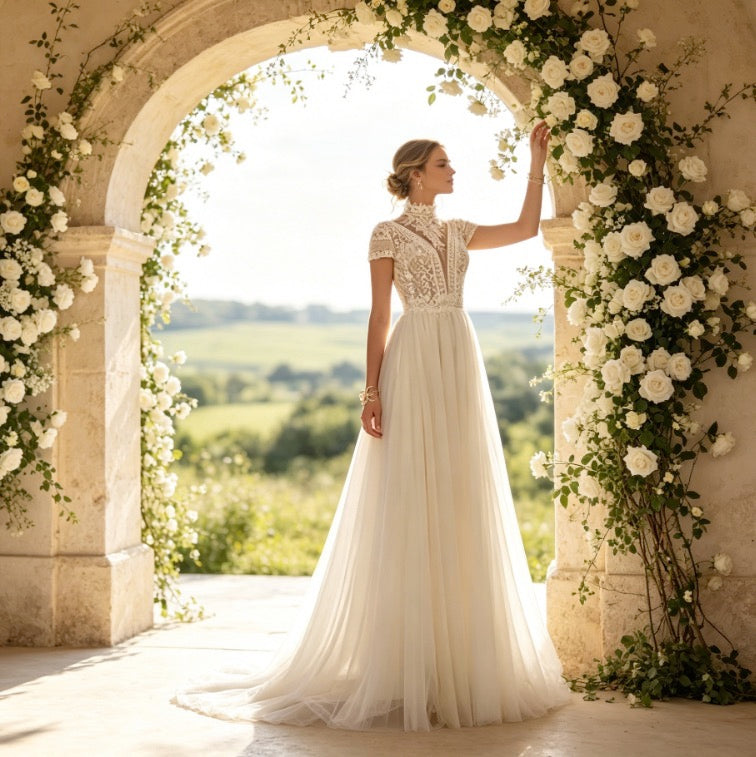 Edles Maxikleid in Elfenbein mit Stehkragen, Boho-Spitze und fließender A-Linie