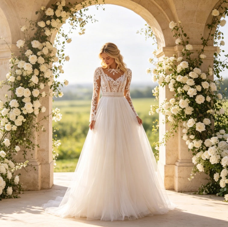 Exquisites Maxikleid in Elfenbein mit Boho-Spitze, Rundhals und weiter A-Linie