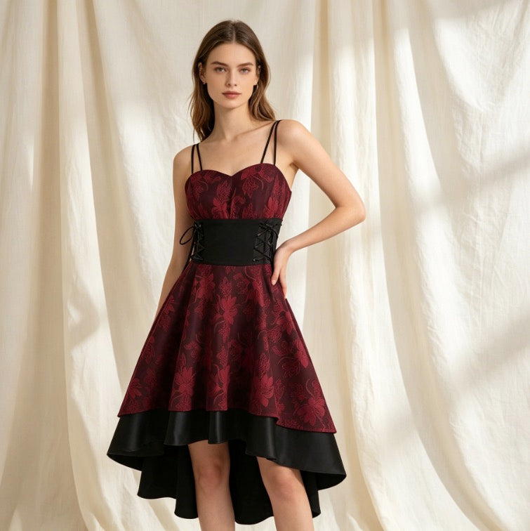 Gothic Cocktailkleid in Rot-Schwarz mit Herz-Ausschnitt und Vokuhila-Lagenrock