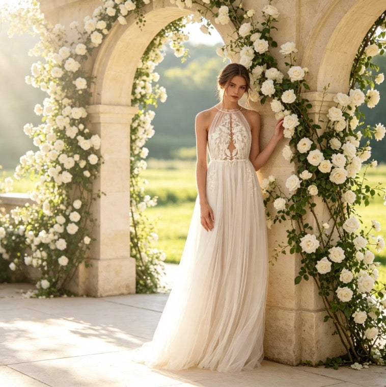 Elegantes Maxikleid in Elfenbein mit floraler Stickerei, Neckholder und A-Linie