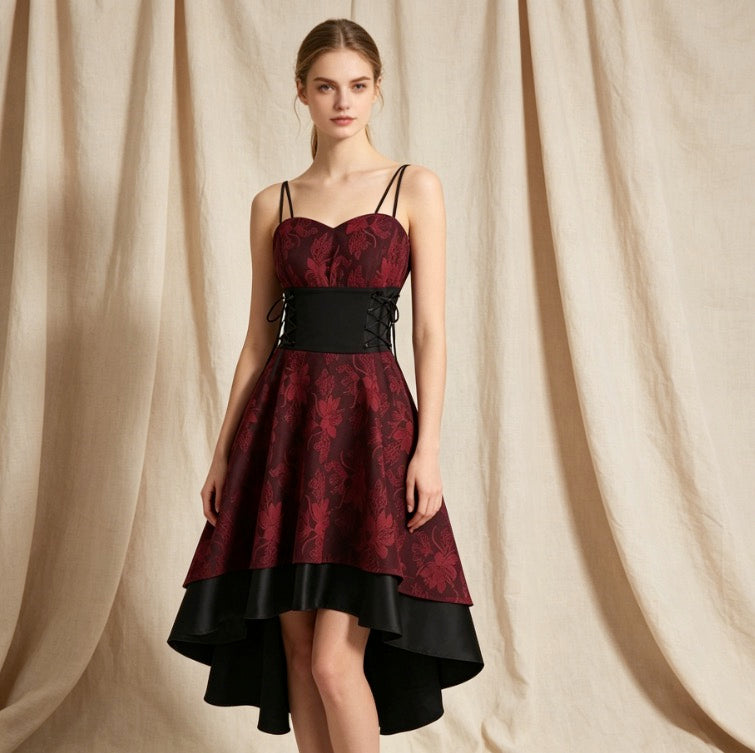 Gothic Cocktailkleid in Rot-Schwarz mit Herz-Ausschnitt und Vokuhila-Lagenrock