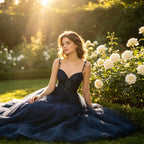 Exklusives Abendkleid in Mitternachtsblau mit glitzernder Spitze und V-Ausschnitt