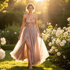 Luxuriöses Abendkleid in Champagner-Gold mit tiefem V-Ausschnitt und Glitzer-Effekt