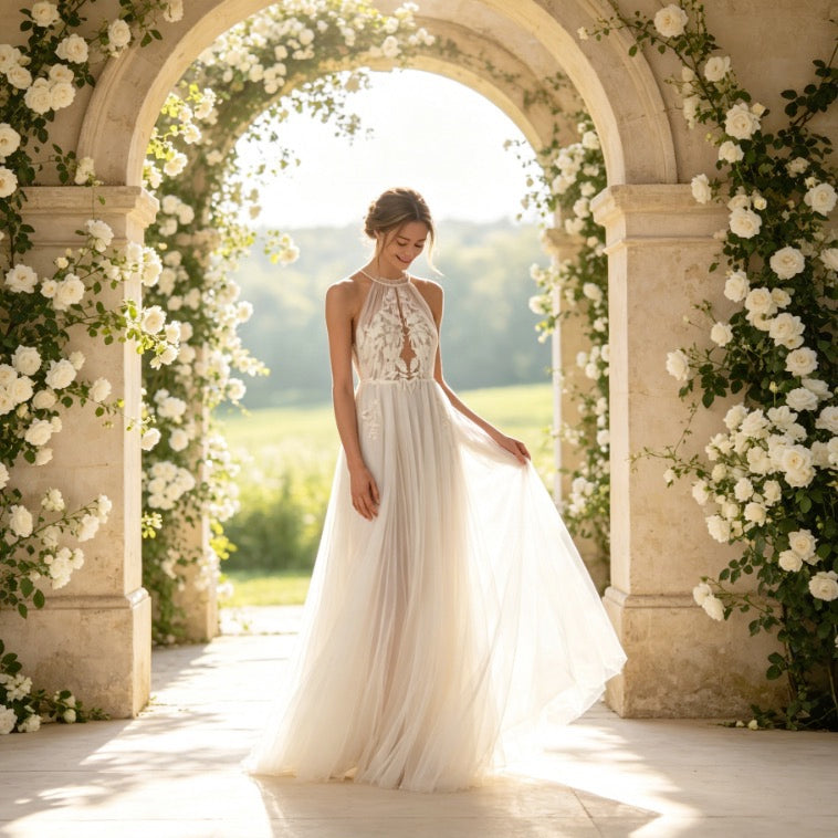 Elegantes Maxikleid in Elfenbein mit floraler Stickerei, Neckholder und A-Linie