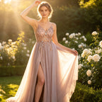 Luxuriöses Abendkleid in Champagner-Gold mit tiefem V-Ausschnitt und Glitzer-Effekt