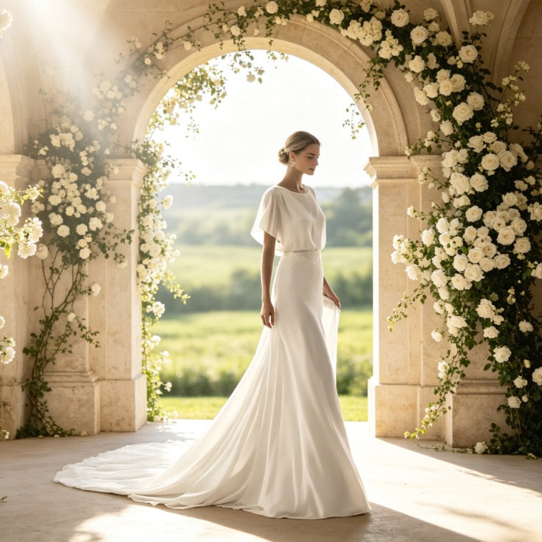 Elegantes Maxikleid in Weiß mit Rundhals, Spitzen-Taille und fließender A-Linie