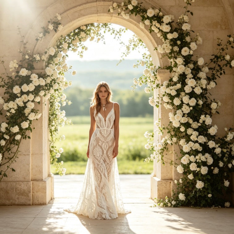Elegantes Maxikleid in Weiß mit Boho-Spitze, V-Ausschnitt und fließender Meerjungfrau-Form