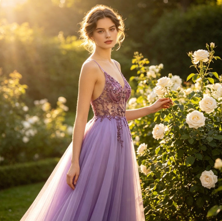 Traumhaftes Abendkleid in Lavendel-Lila mit glitzernden Steinen und Tüllrock