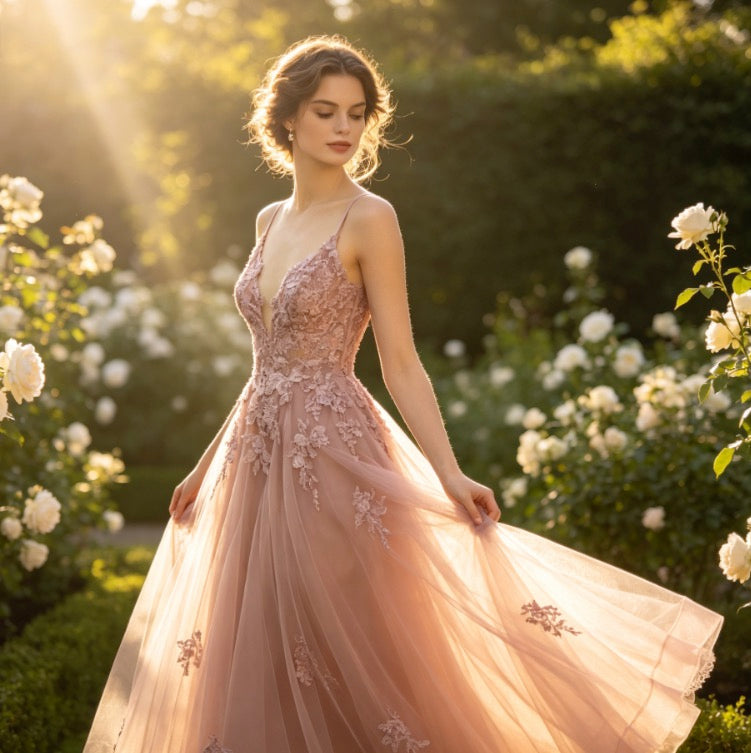 Elegantes Abendkleid in Dusty Rose mit floraler Pailletten-Spitze und V-Ausschnitt