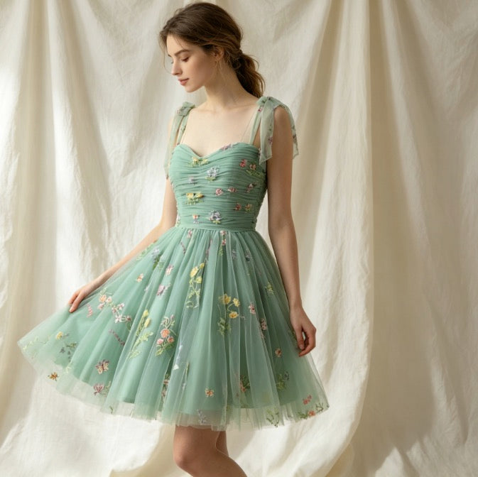 Zauberhaftes Cocktailkleid in Salbeigrün mit Herz-Ausschnitt, bunter Blumenstickerei und A-Linie