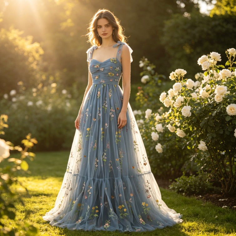 Verträumtes Abendkleid in Staublau mit bunten Blütenstickereien und Tüll-Lagen