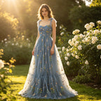 Verträumtes Abendkleid in Staublau mit bunten Blütenstickereien und Tüll-Lagen