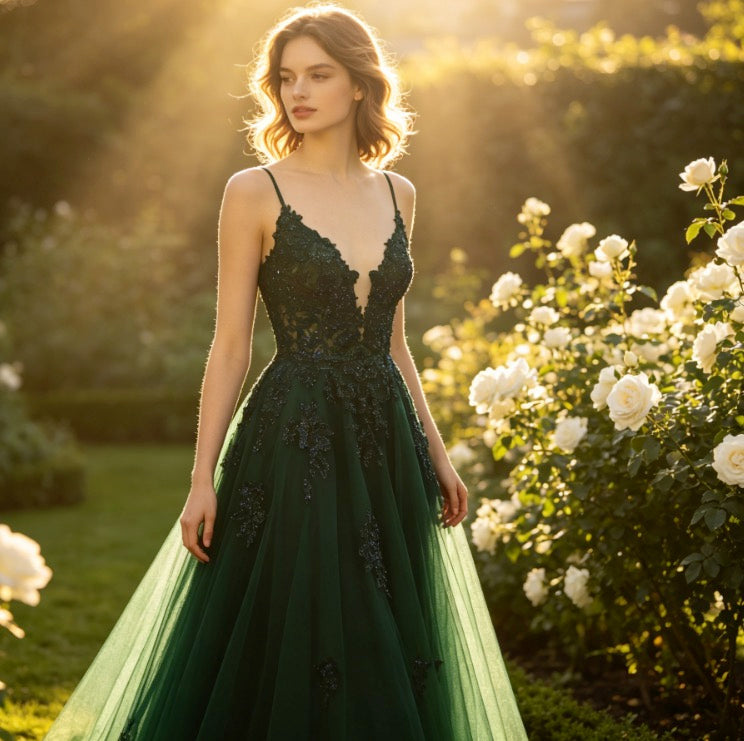 Luxuriöses Abendkleid in Dunkelgrün mit Pailletten, Spitze und tiefem V-Ausschnitt