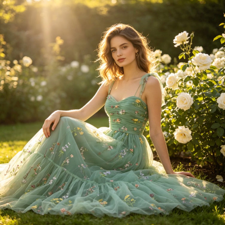 Zauberhaftes Abendkleid in Salbeigrün mit bunter Blumenstickerei und Tüll