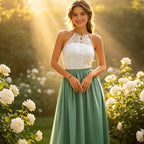 Elegantes Abendkleid in Salbeigrün und Weiß mit Neckholder und floraler Spitze