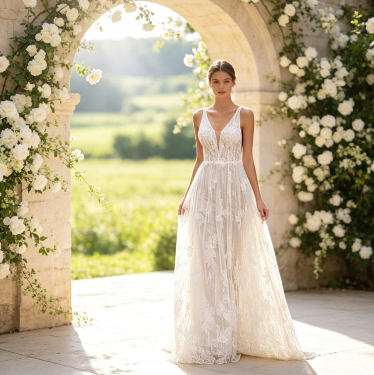 Elegantes Maxikleid in Elfenbein mit floraler Spitze, V-Ausschnitt und fließender A-Linie