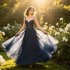 Exklusives Abendkleid in Mitternachtsblau mit glitzernder Spitze und V-Ausschnitt