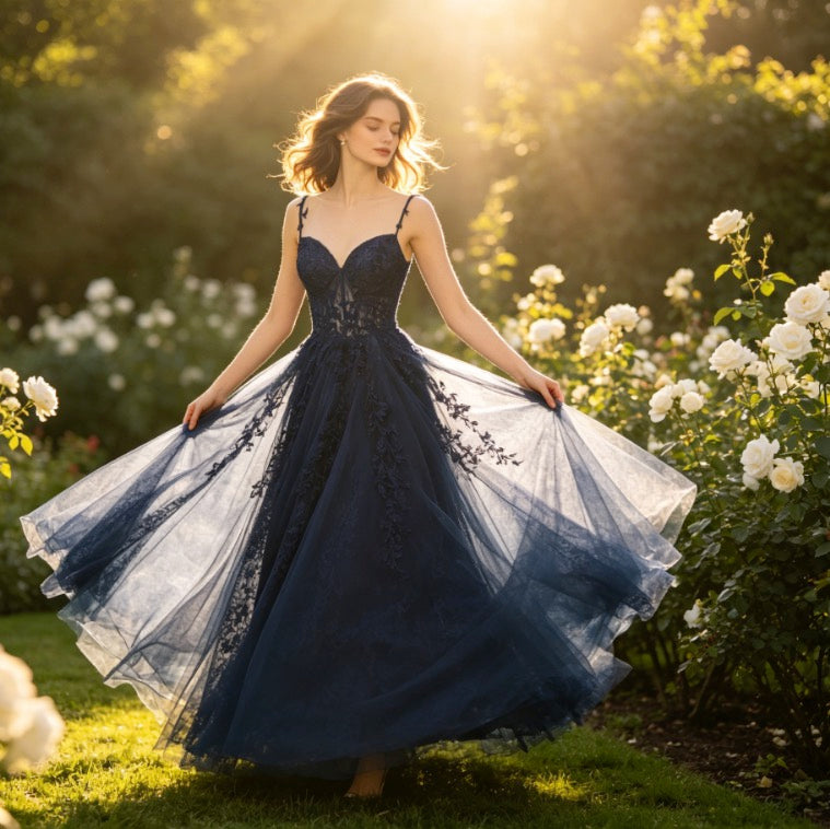 Exklusives Abendkleid in Mitternachtsblau mit glitzernder Spitze und V-Ausschnitt