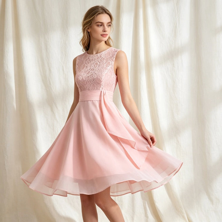 Romantisches Cocktailkleid in Rosa mit Rundhalsausschnitt, Spitze und A-Linie-Schnitt