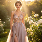 Prachtvolles Abendkleid in Altrosa mit luxuriösen Schmucksteinen und Beinschlitz