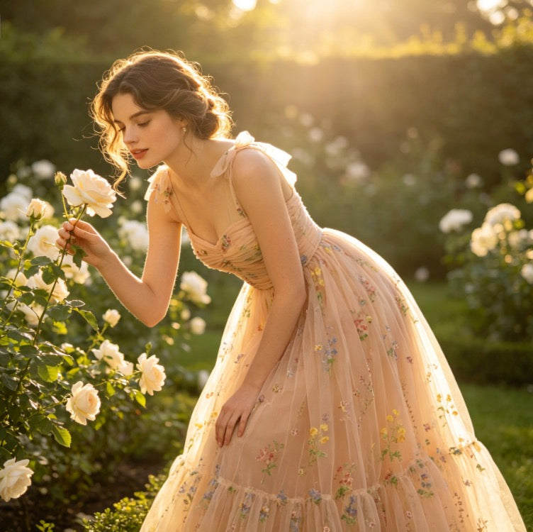 Romantisches Abendkleid in Apricot mit floraler Stickerei und Tüllstufen