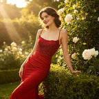 Atemberaubendes Abendkleid in Feuerrot mit Pailletten-Spitze und Mermaid-Schnitt