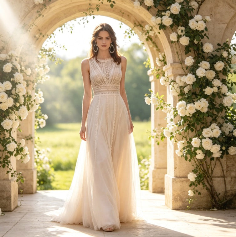Edles Maxikleid in Elfenbein mit Boho-Spitze, Rundhals und fließender A-Linie