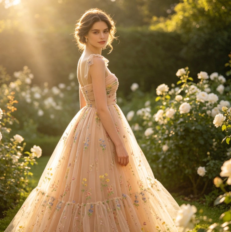Romantisches Abendkleid in Apricot mit floraler Stickerei und Tüllstufen