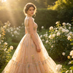 Romantisches Abendkleid in Apricot mit floraler Stickerei und Tüllstufen